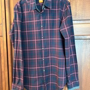 Hugo Boss Dark Blue and Red Checkered Shirt gray trim at neck and cuffs size M